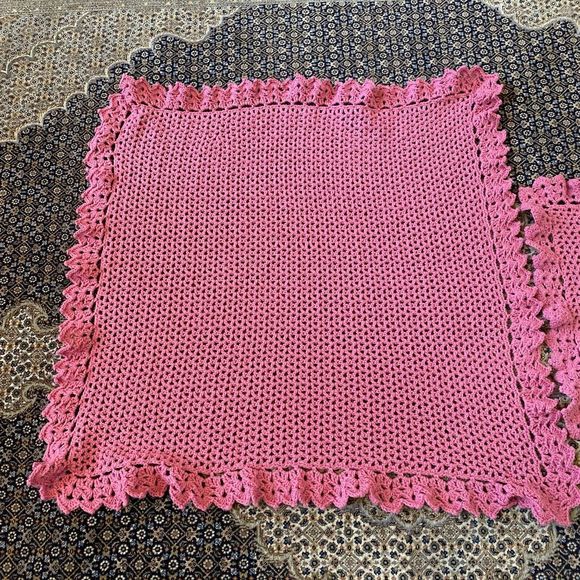 Handmade Crochet Baby Blanket Pink & White 35” X 33” & Shoulder Crochet Burp Pad - Picture 2 of 6